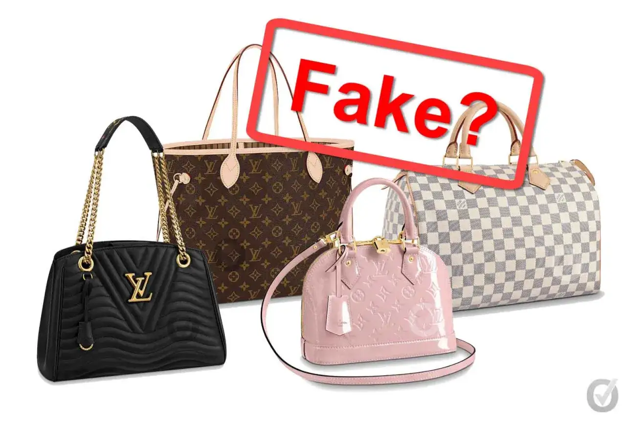 Vier Handtaschen, darunter eine braune mit Monogramm und eine karierte, werden als louis vuitton falsch markiert.