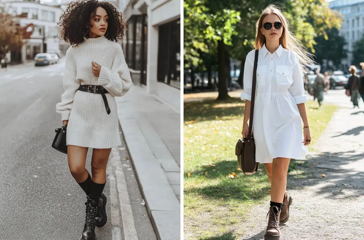 Zwei Frauen zeigen, wie man Stiefel zu Kleid kombiniert: eine im lässigen Strickkleid mit Schnürstiefeln, die andere im weißen Hemdblusenkleid mit Chunky Boots.