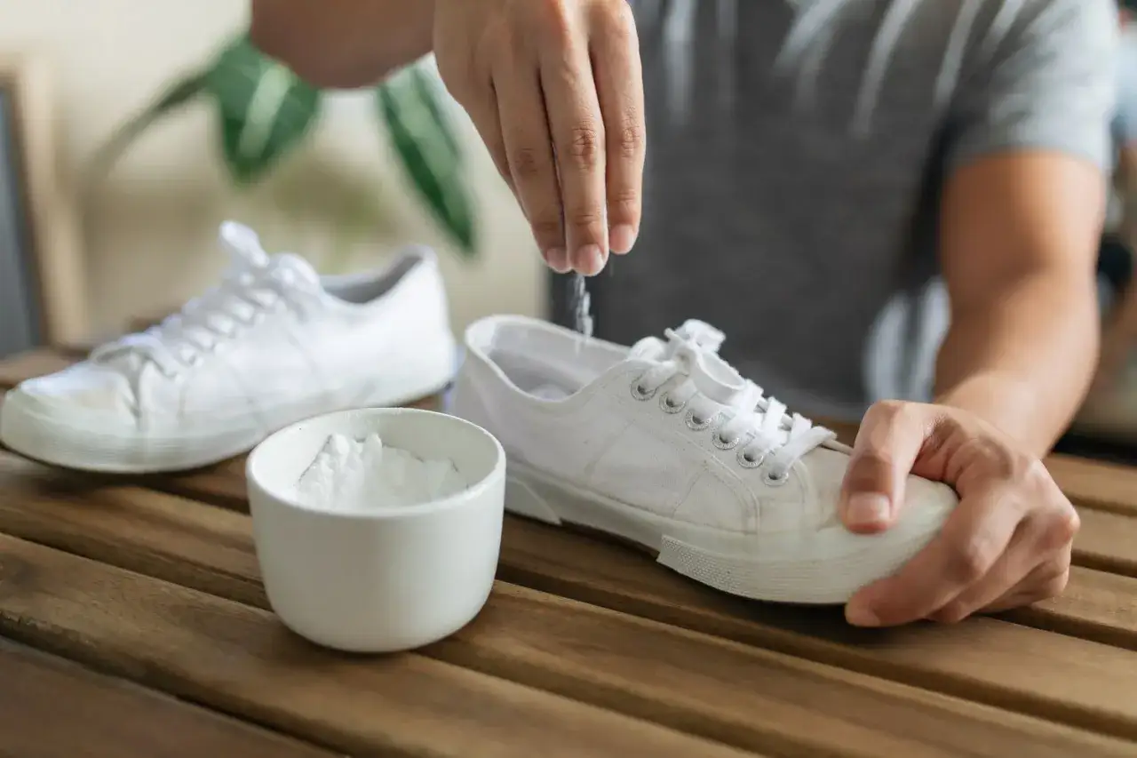 Schuhe stinken? Was tun? Natron hilft! Eine Hand streut Natron in weiße Sneaker, daneben eine Schale mit dem Pulver.