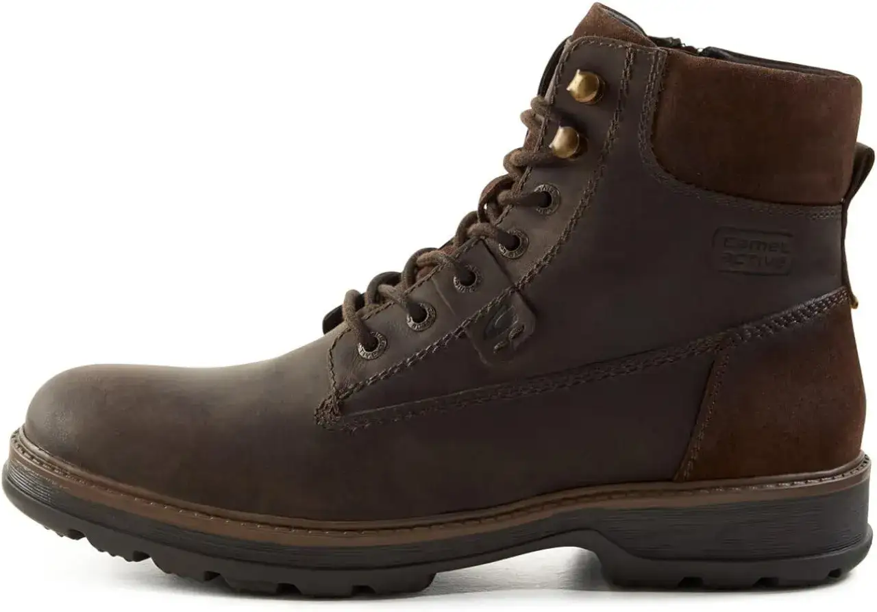 Braune Lederstiefel mit Schn&uuml;rung und seitlichem Rei&szlig;verschluss. Diese robusten Schuhe, auch als Bootsschuhe bekannt, sind ideal f&uuml;r Abenteuer.