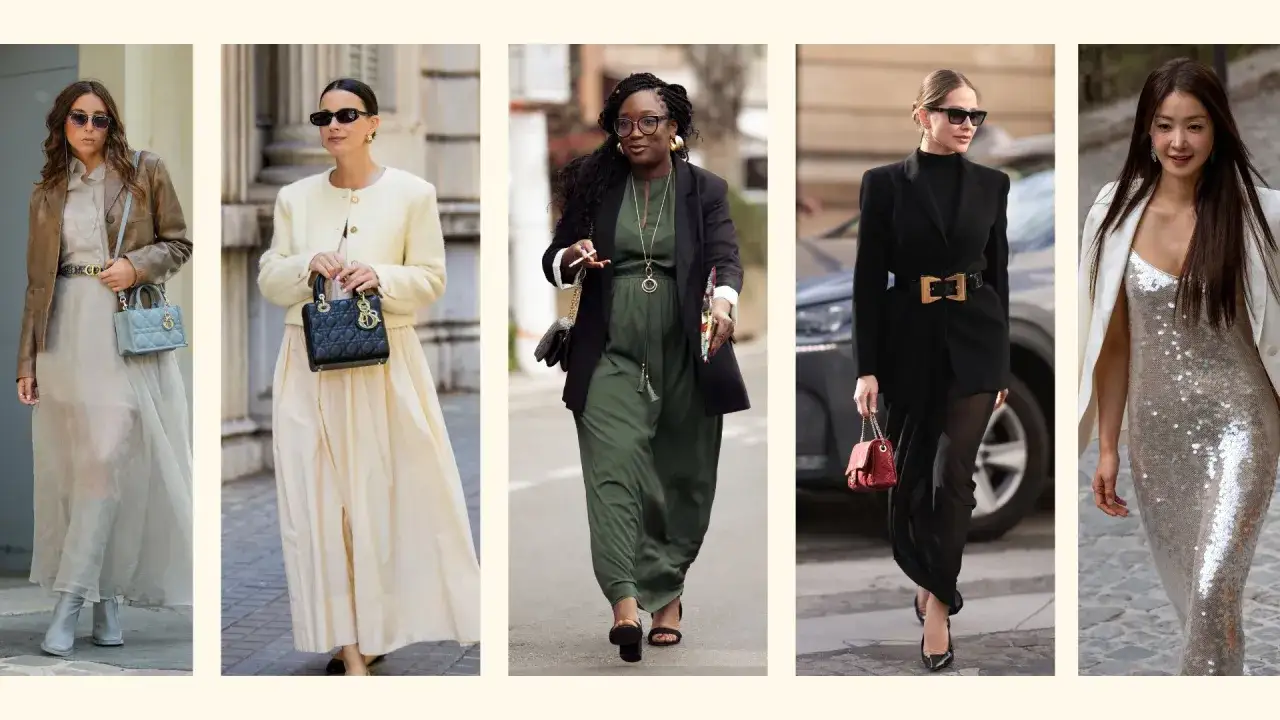 Fünf Frauen in eleganten Outfits. Eine trägt eine braune Lederjacke über einem transparenten Kleid. Eine andere kombiniert eine cremefarbene Jacke mit einem langen Rock. Eine dritte trägt einen grünen Jumpsuit mit schwarzem Blazer. Die vierte hat einen...