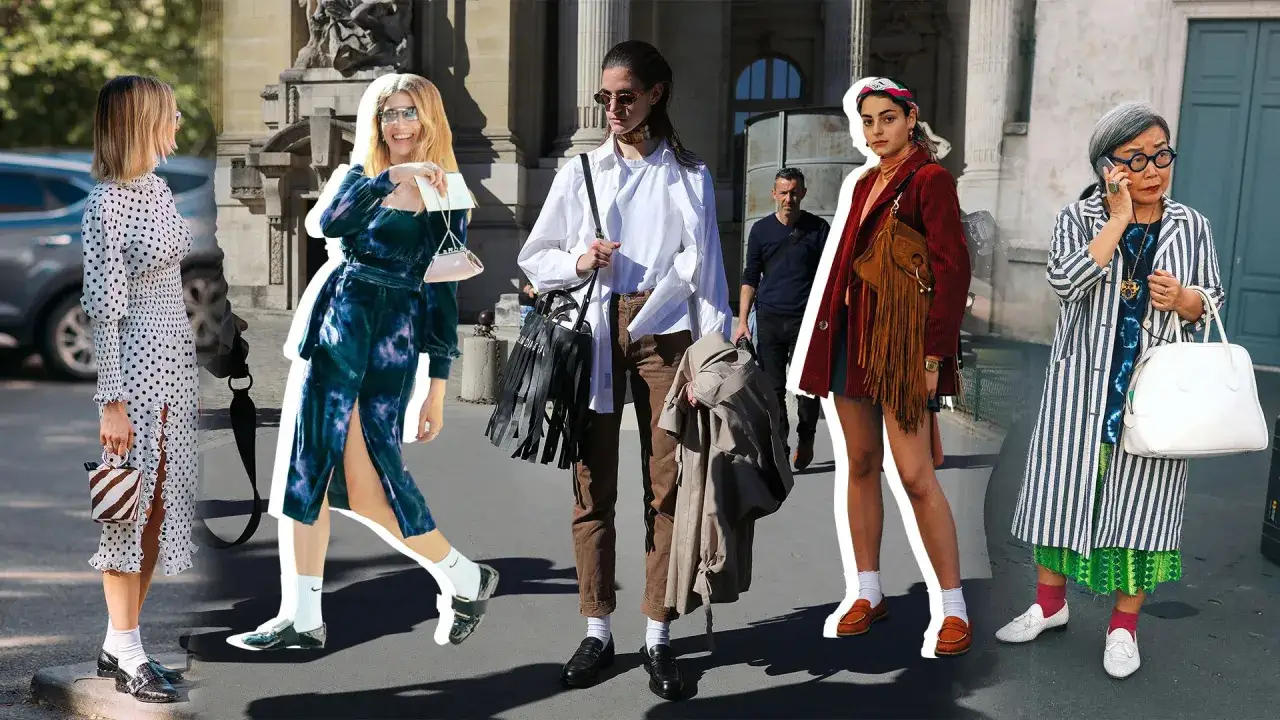 F&uuml;nf Frauen pr&auml;sentieren modische Outfits, darunter Loafer mit Socken. Von Polka Dots bis zu Streifen, ein stilvoller Mix.