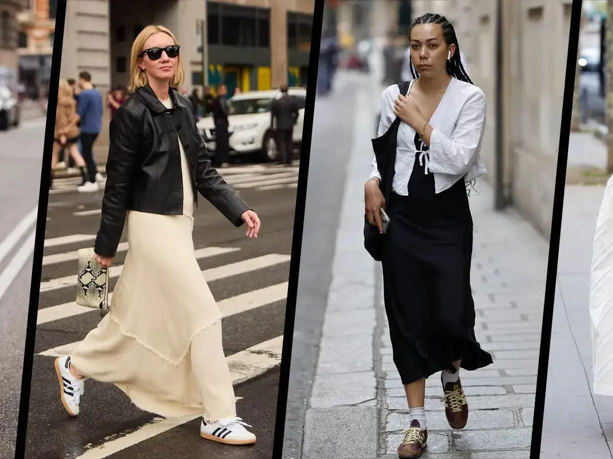 Zwei Frauen zeigen lässige Looks: ein cremefarbenes Abendkleid mit Sneakern und eine schwarze Slipdress-Kombination mit sportlichen Schuhen.