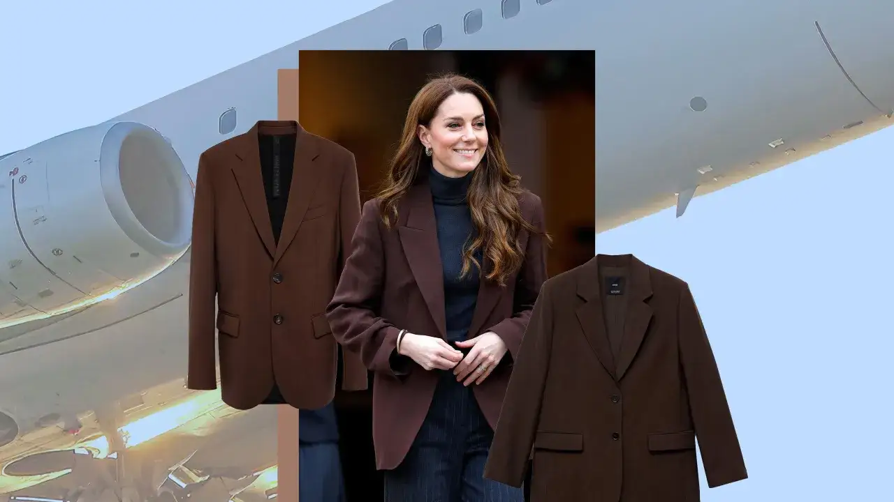 Kate Middleton zeigt, wie man einen braunen Blazer kombiniert. Zwei verschiedene braune Blazer werden neben ihr gezeigt, vor dem Hintergrund eines Flugzeugs.