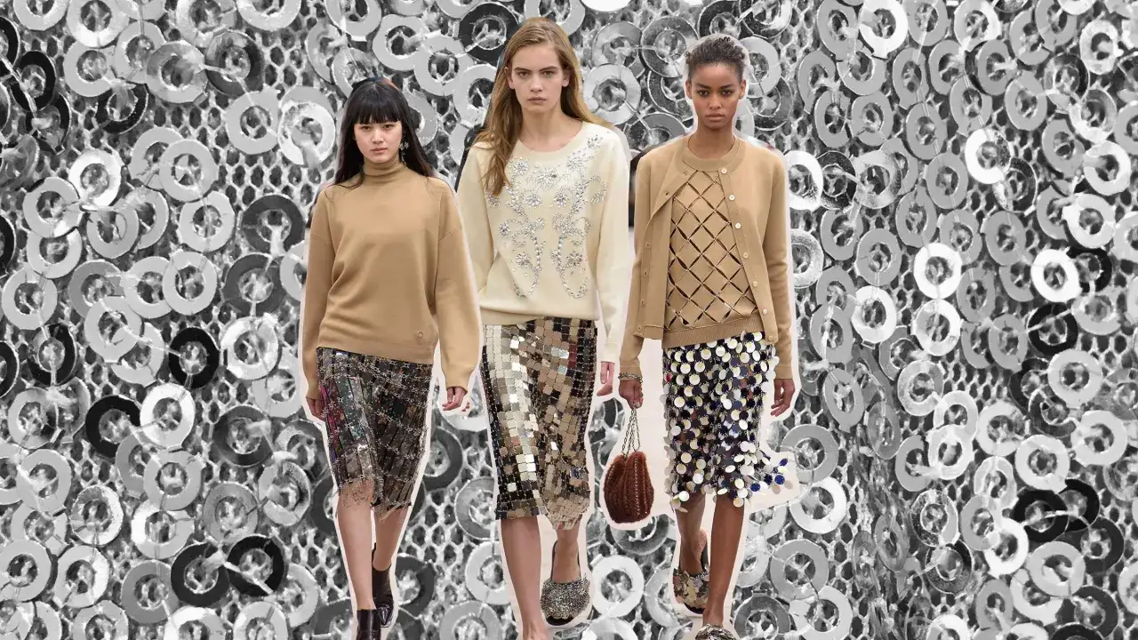 Drei Models zeigen, wie man einen pailletten rock kombiniert: mit Strickpullover, Cardigan oder Rollkragen.