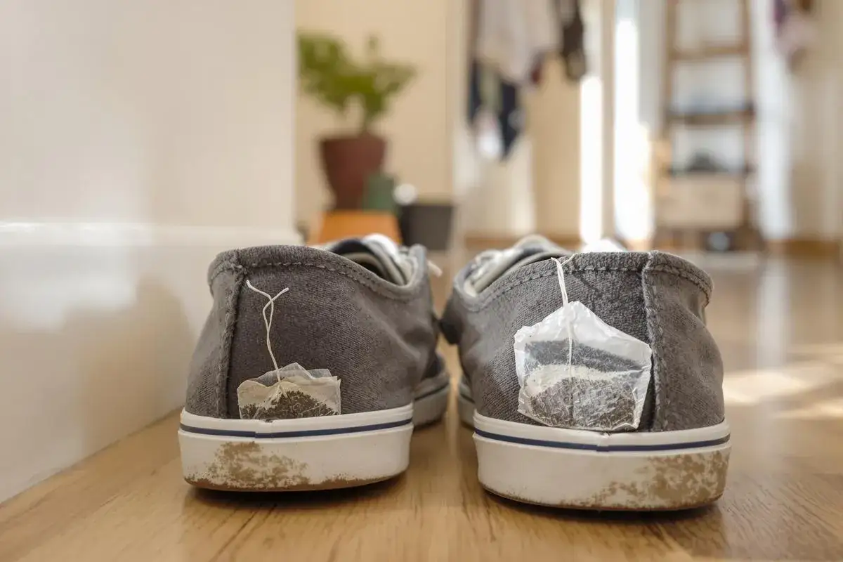 Zwei graue Sneaker mit jeweils einem Teebeutel, der aus der Ferse heraushängt. Ein ungewöhnlicher Weg, um Schuhe zu beduften.