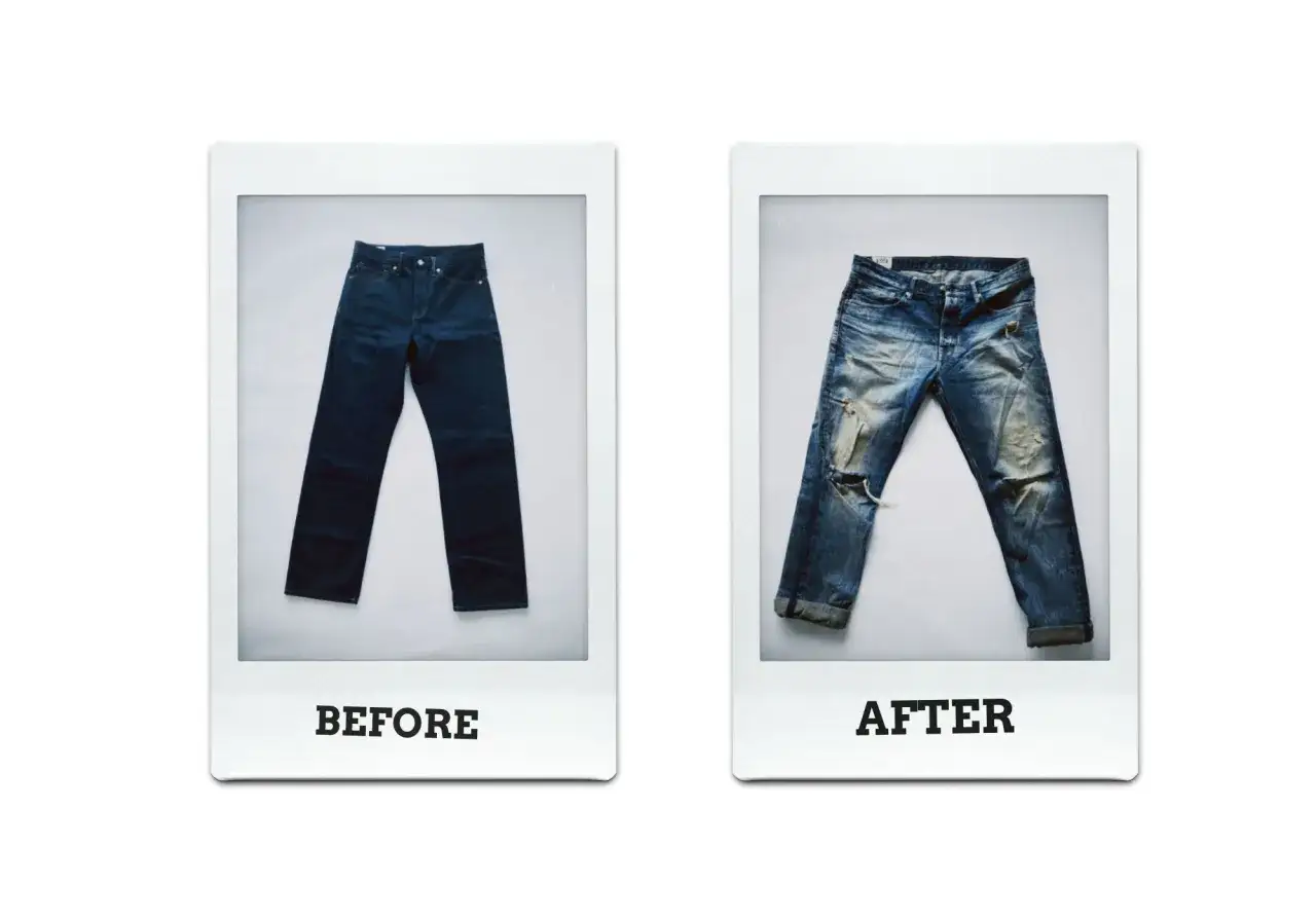 Vorher/Nachher-Vergleich: Dunkle Jeans werden durch ein spezielles Jeans waschen programm zu verwaschenen, zerrissenen Hosen.