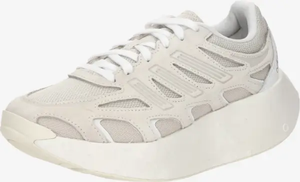 Ein heller, moderner adizero aruku Sneaker mit auffälliger, dicker Sohle und atmungsaktivem Mesh-Obermaterial.
