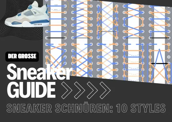 Der Sneaker Guide zeigt, wie man Schuhe lacen kann. Verschiedene Schnürtechniken werden illustriert.