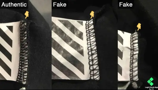 Vergleich von Etiketten: Ein authentisches off white Etikett zeigt saubere Nähte, während gefälschte Etiketten unsaubere Verarbeitung aufweisen.