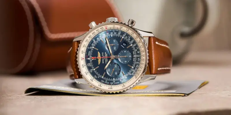 Breitling B13048 Navitimer mit blauem Zifferblatt und braunem Lederarmband. Ein echter Klassiker, der die Zeit überdauert.