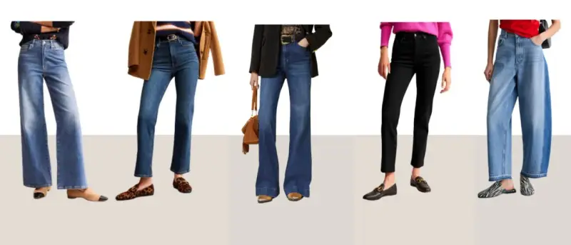 Fünf Outfits zeigen, welche Schuhe zu engen Hosen passen: Loafer, Ballerinas und Mules.