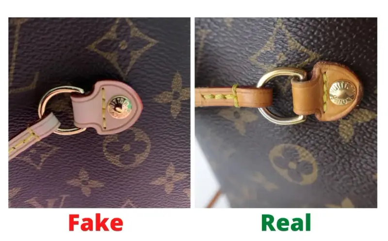 Links: Louis Vuitton falsch. Rechts: Louis Vuitton echt. Details wie Nähte und Beschläge verraten den Unterschied.